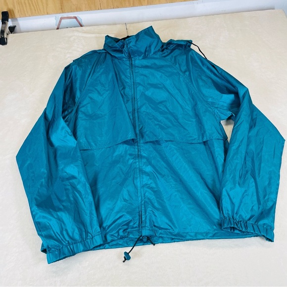 Retro 80s-90s Eddie Bauer men’s windbreaker jacket teal blue large fold up hood - Picture 12 of 13